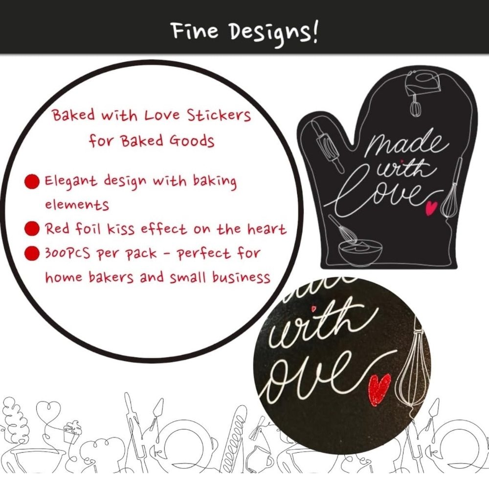 Made with Love Stickers – 50 count - 2"x 1.75" -  Oven Mitt - Red Foil Heart